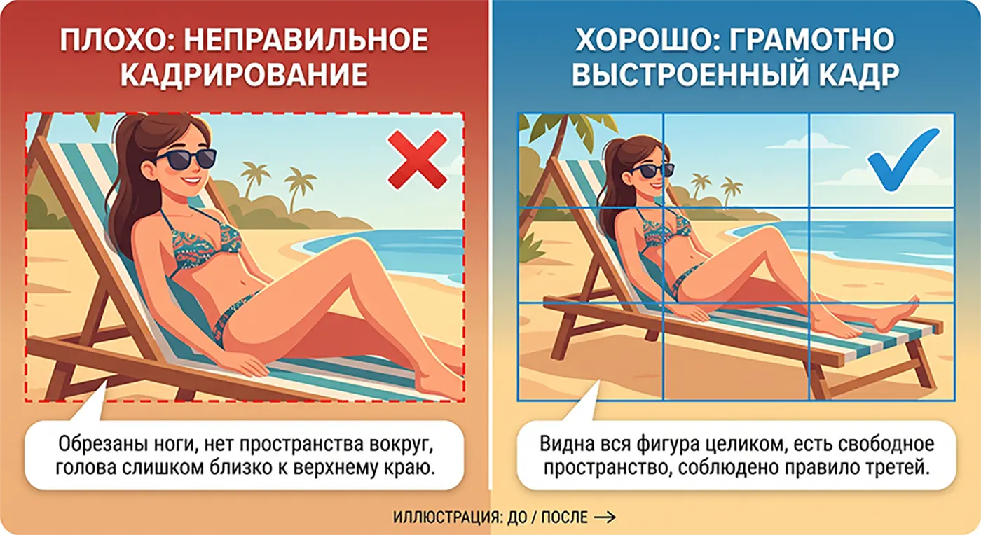 До и после: кадрирование. Слева обрезаны ноги и голова у края, справа видна вся фигура и соблюдено правило третей.