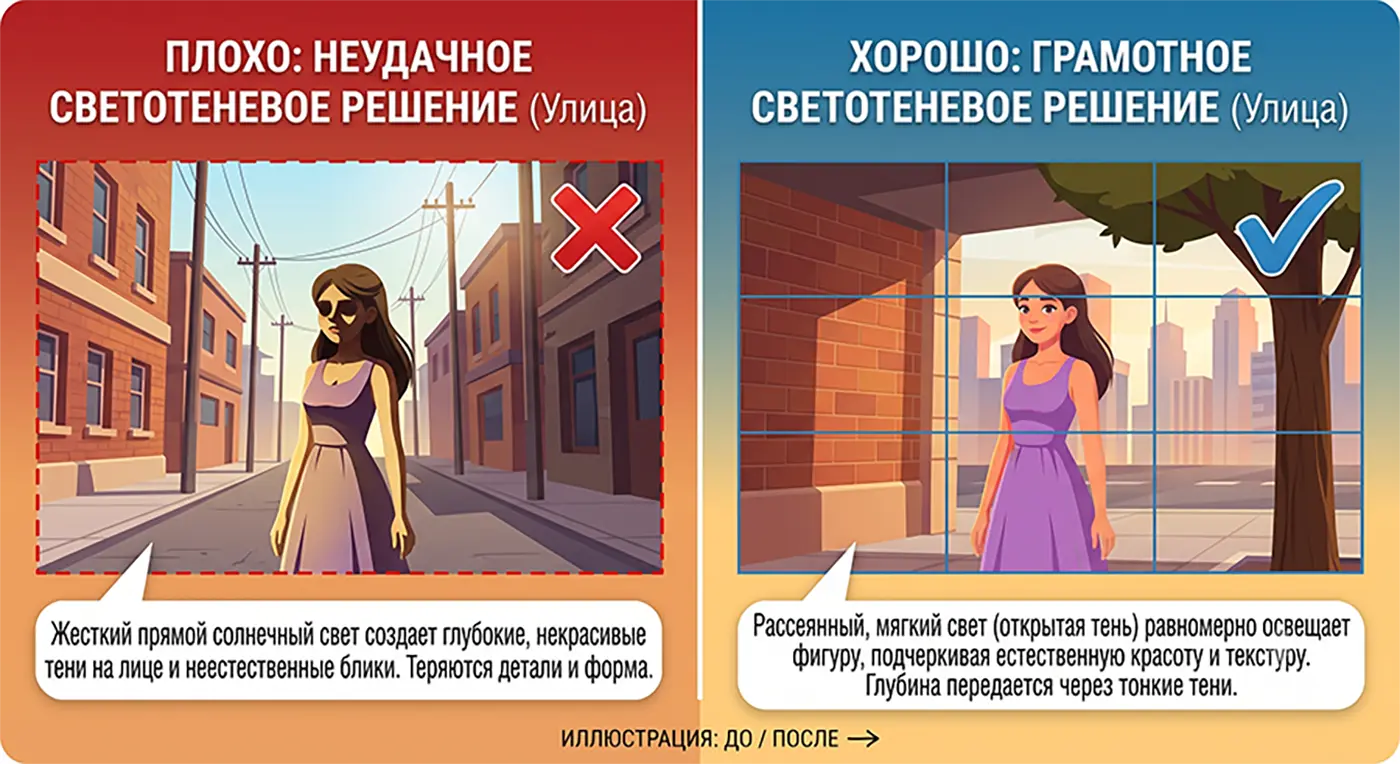 До и после: свет. Слева жёсткое солнце даёт тени на лице, справа мягкий свет открытой тени.