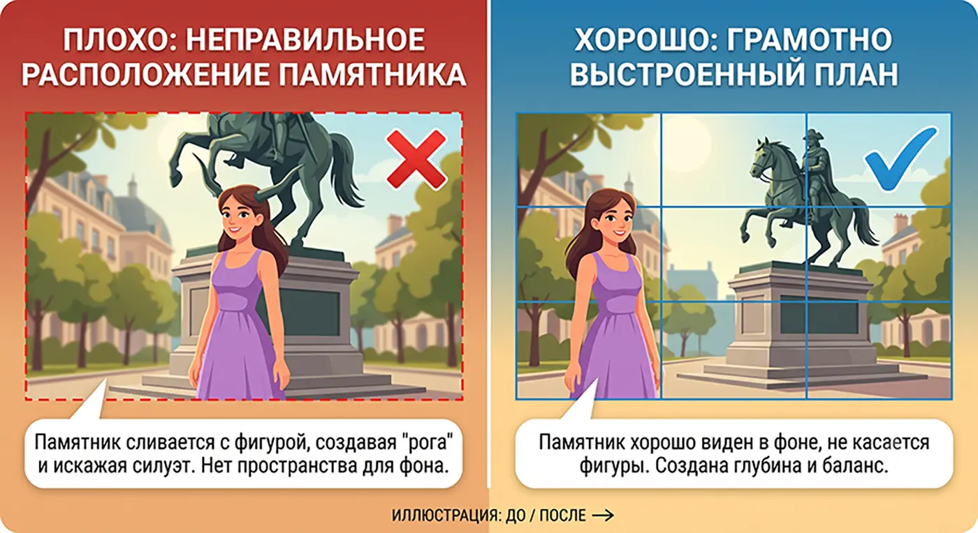 До и после: фон. Слева памятник сливается с фигурой и создаёт «рога», справа памятник виден в фоне и не касается фигуры.